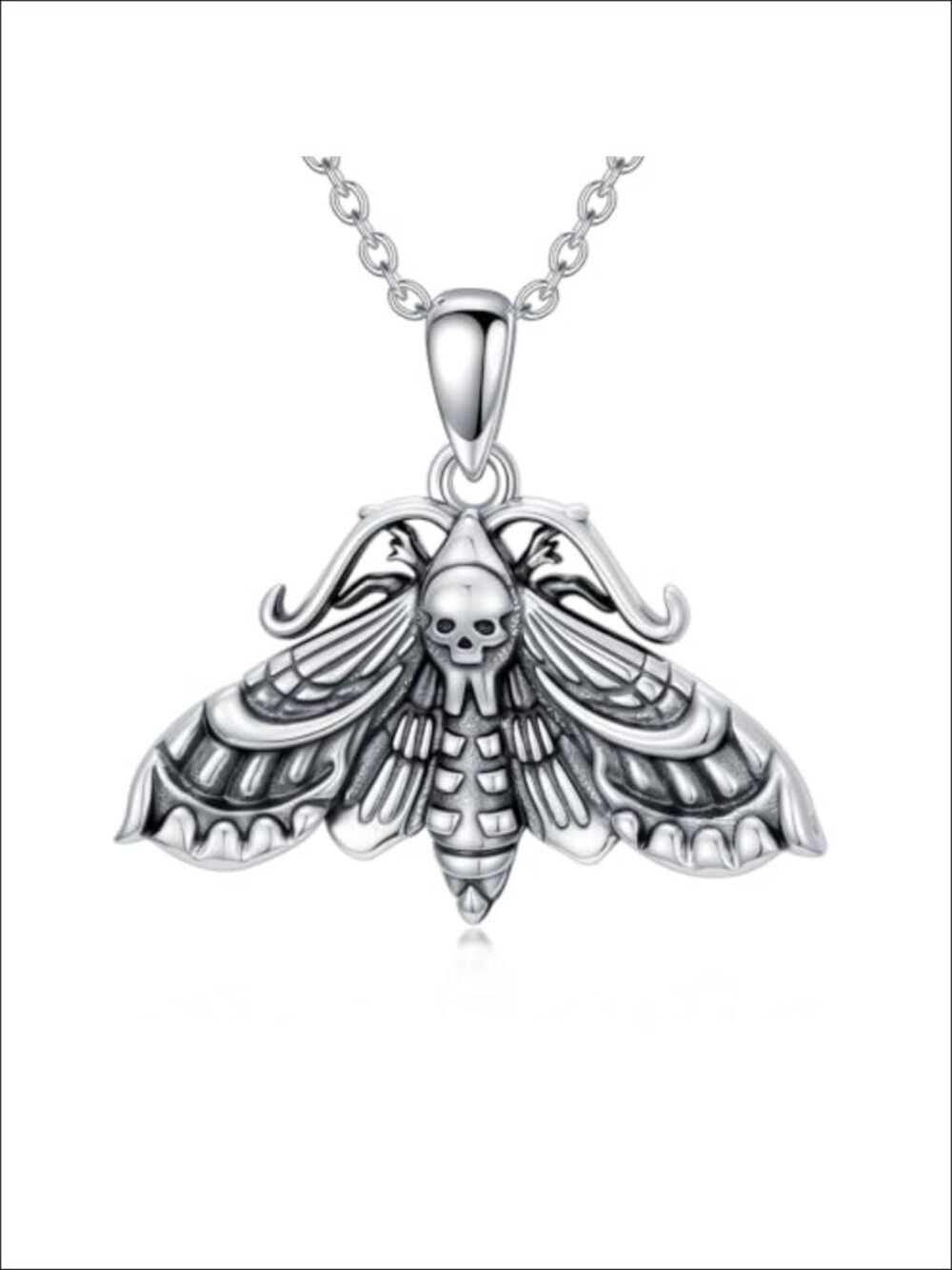 925 Sterling Silver Gothic Halloween Skull Moth Pendant Necklace